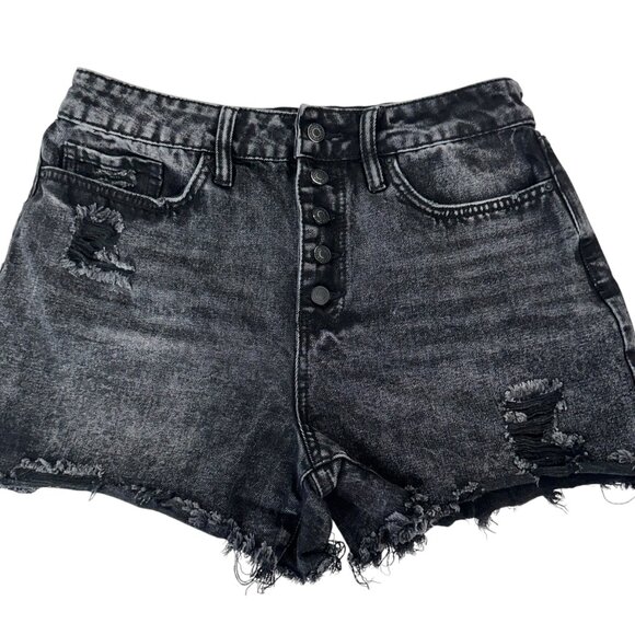 YMI DREAM Women Distressed Black Soft Denim Shorts Cut Off Button Fly Size 11/30 - Picture 2 of 11